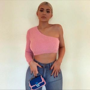 Fashion Nova pink fuzzy one shoulder crop top